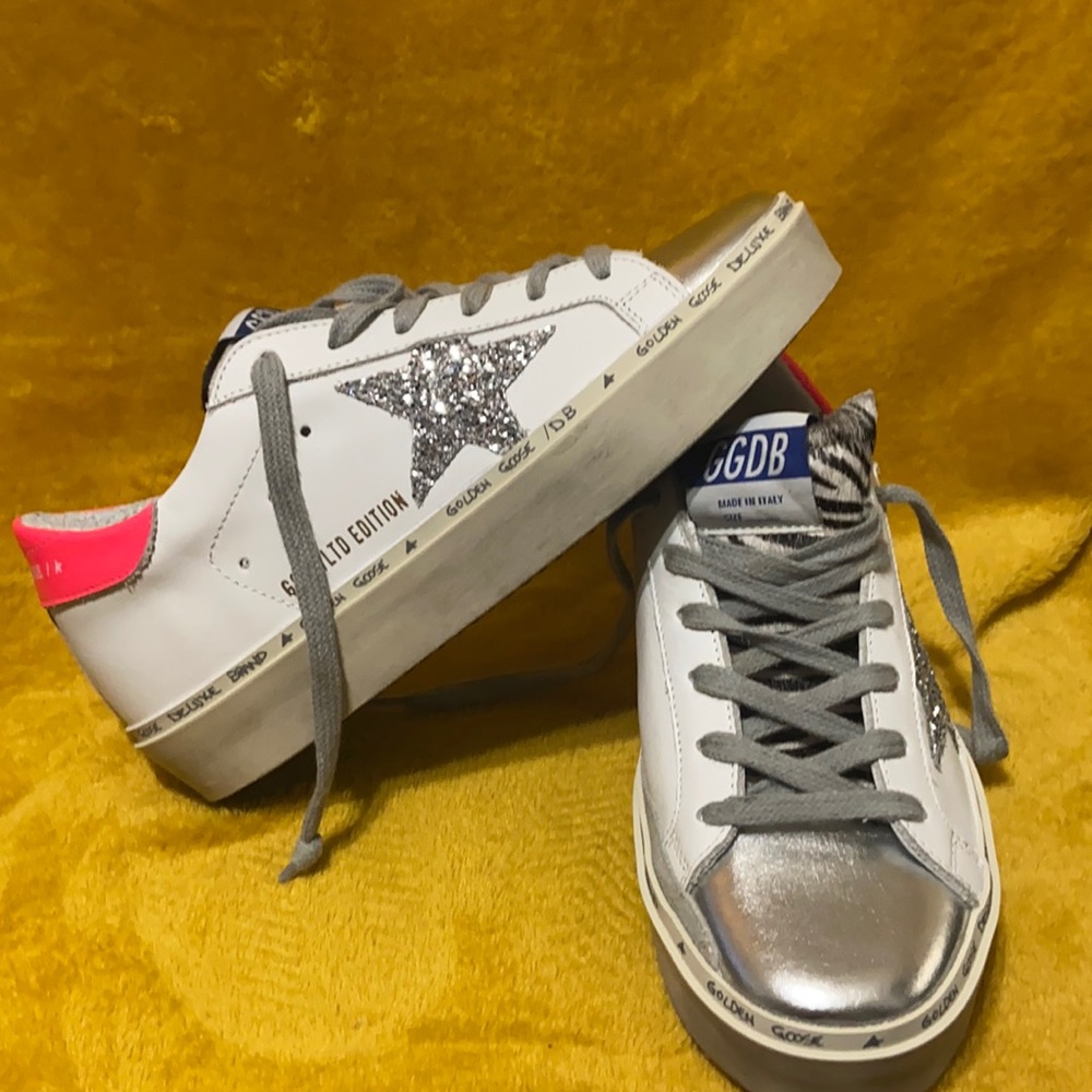 Golden Goose White and Silver Sneakers with Pink Accents